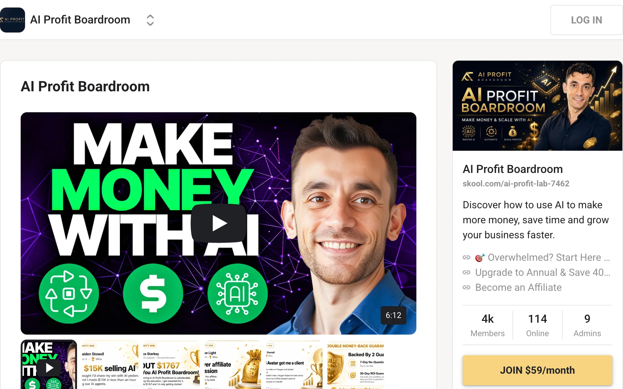 AI Profit Boardroom community page on Skool